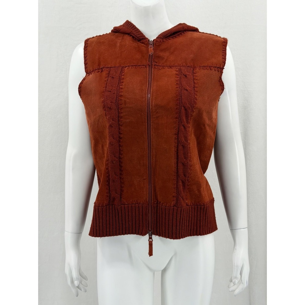 Planet & Company Vest Womens Medium Rust Leather Knit Hooded Zip Vintage Western